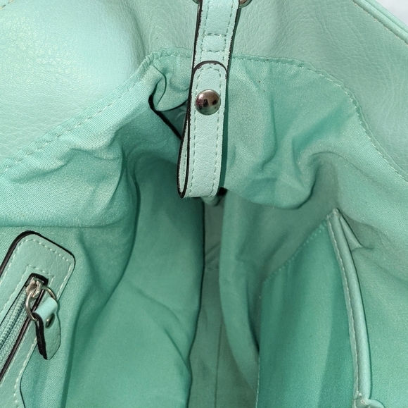 Ellen Tracy Faux Leather Tote Shoulder Bag Purse Turquoise With Floral Trim - Picture 11 of 13